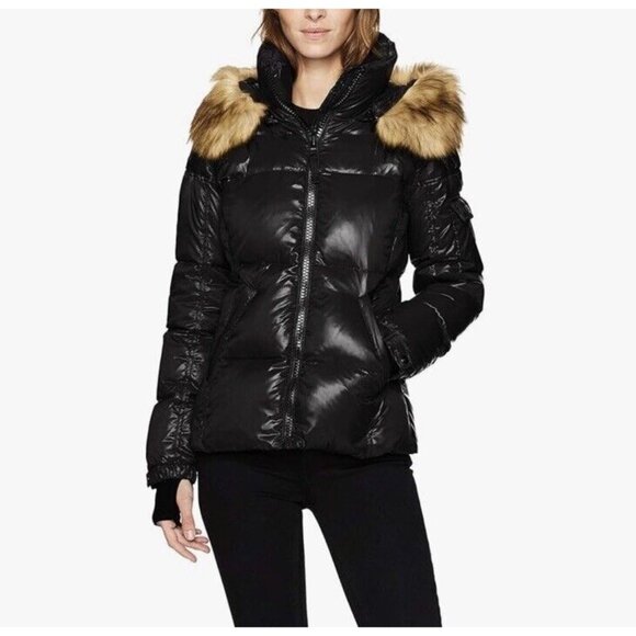 S13 Womens Kylie Down Puffer Jacket with Faux Fur Detachable Hood Sz L Black NWT - Picture 3 of 12